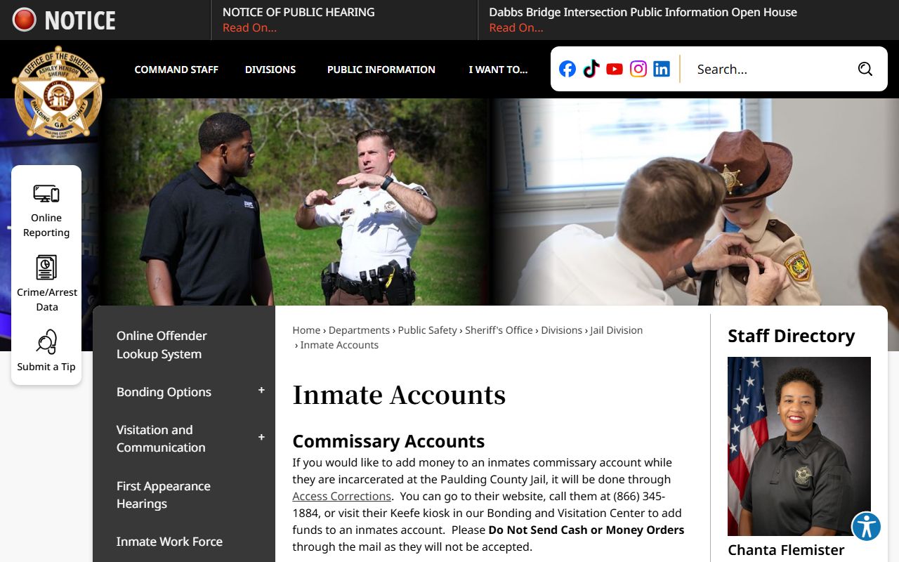 Paulding County inmate records inmate account deposits