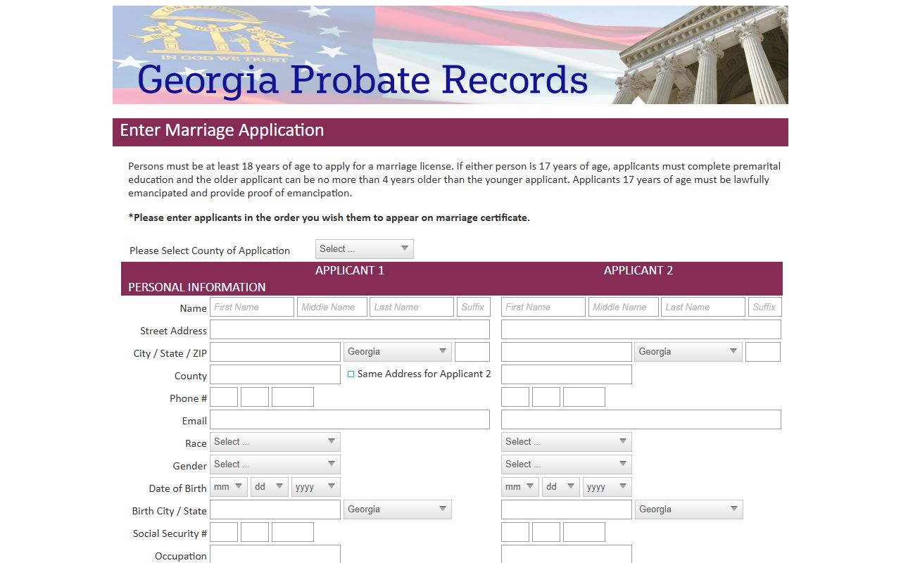 Georgia Probate Records application for Paulding County marriage records