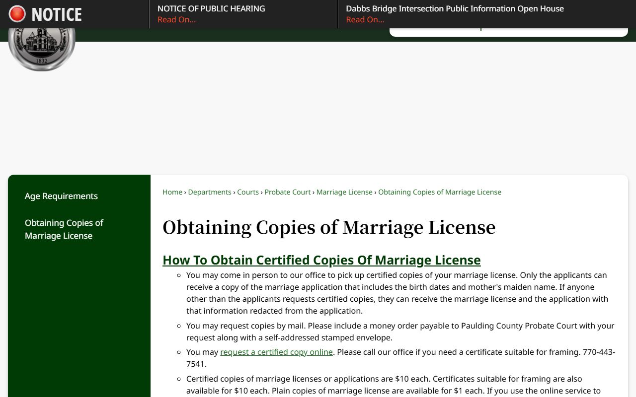 Paulding County marriage records certified copy fees