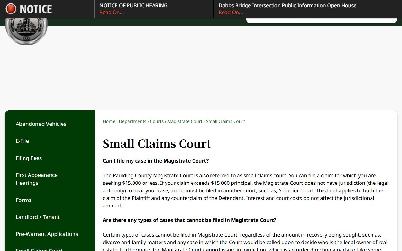 Paulding County warrant records Magistrate small claims civil process context
